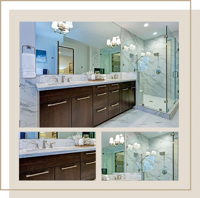 Photo Grid Of Modern Bathroom With Dark Cabinets, Glass Shower And Marble Floor