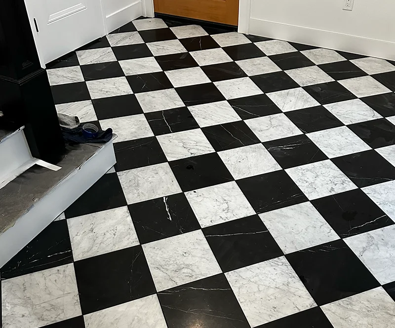 Black And White Checkered Floor Made From Natural Stone Tiles