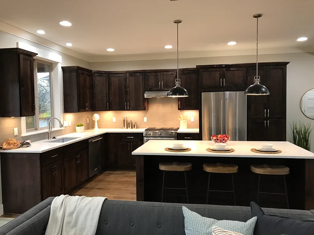 Espresso Stained Shaker Cabinets & White Quartz Countertops 1