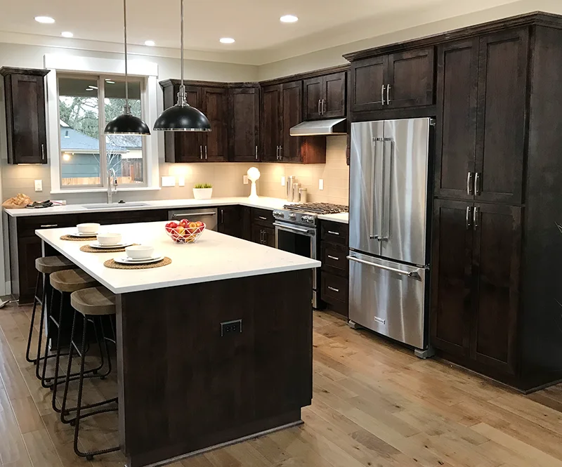 Kitchen With Dark Stained Wood Cabinets 800x665